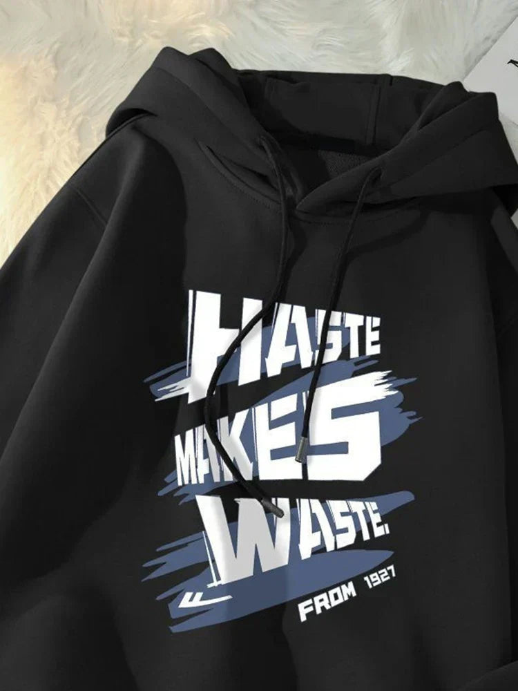 Haste Makes Waste Letter Hoodie Black / M(40-50KG)
