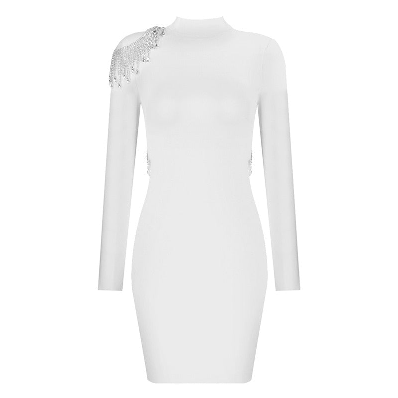 Mock Neck Long Sleeve Backless Rhinestone Fringe Bandage Mini Dress 28