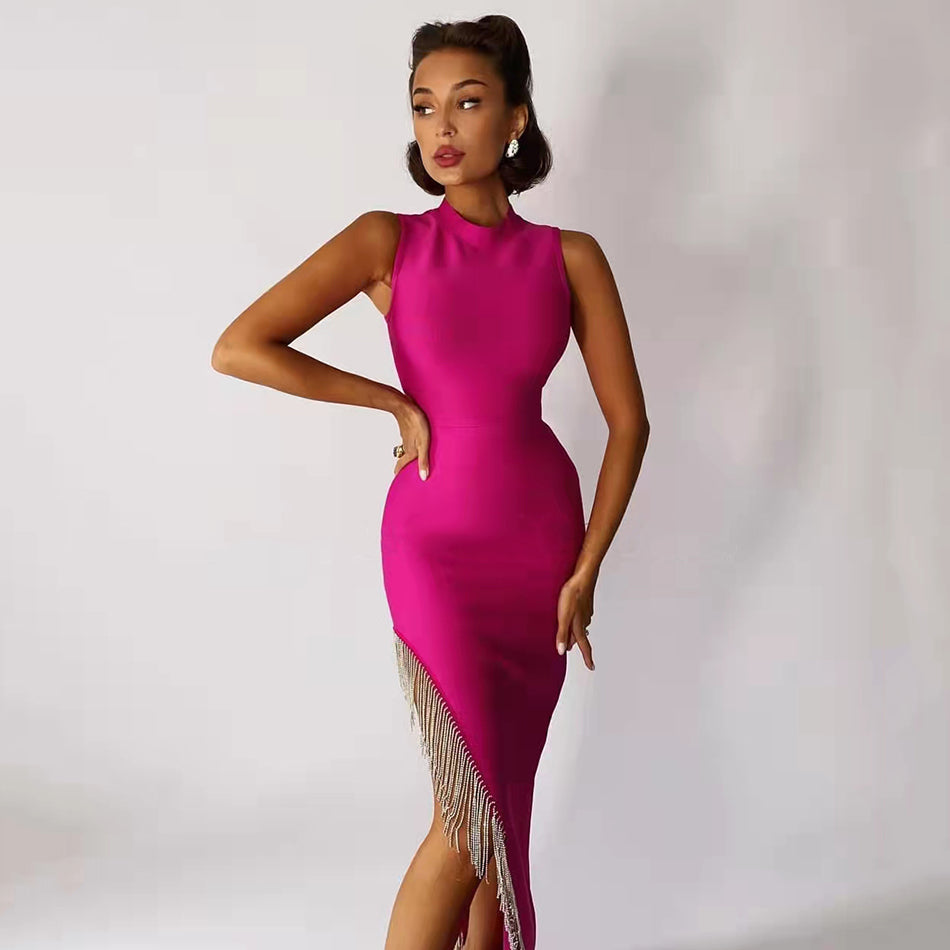 Mock Neck Sleeveless Rhinestone Fringe High Split Maxi Dress 8