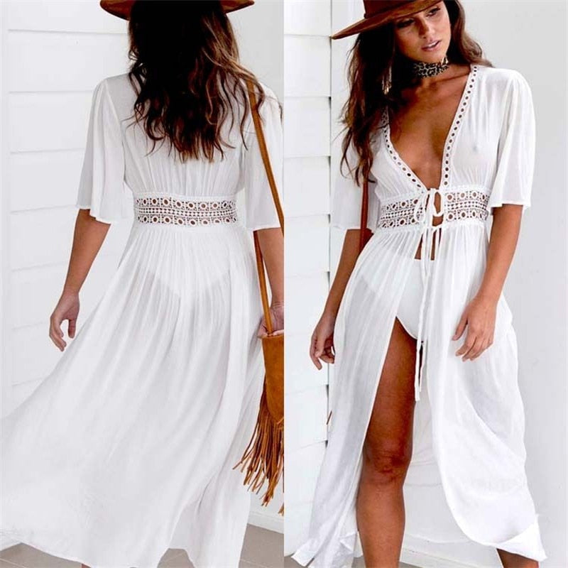 Deep V-Neck Crochet Waist Tie Front Open Split Maxi Dress - View 2