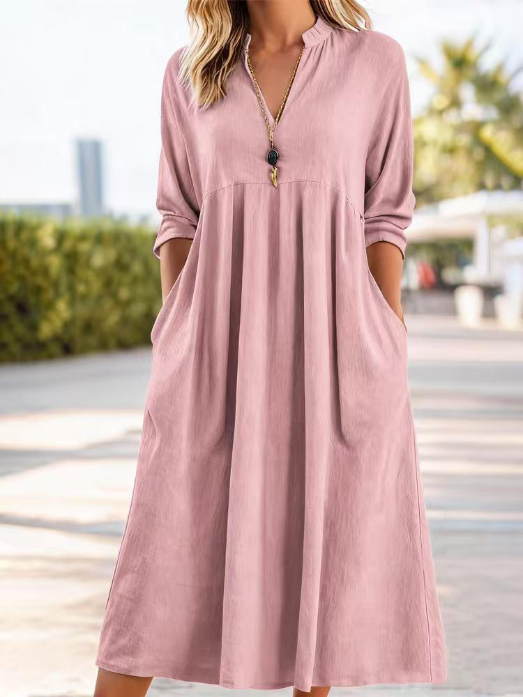 V-Neck Long Sleeve Pocket A-Line Midi Dress 4
