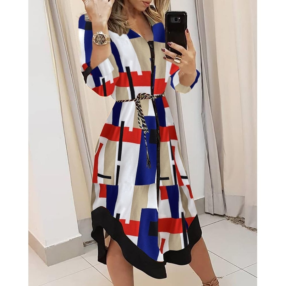 Geometric Print Collared Button Down Long Sleeve Shirt Dress - View 3