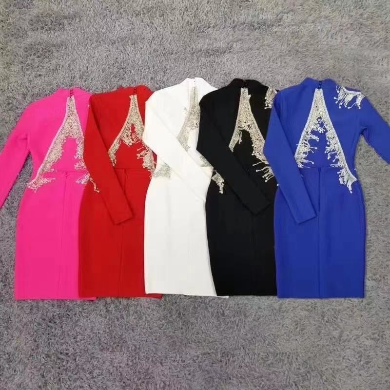 Mock Neck Long Sleeve Backless Rhinestone Fringe Bandage Mini Dress - View 13