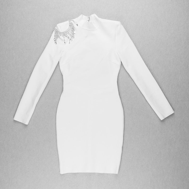 Mock Neck Long Sleeve Backless Rhinestone Fringe Bandage Mini Dress 31