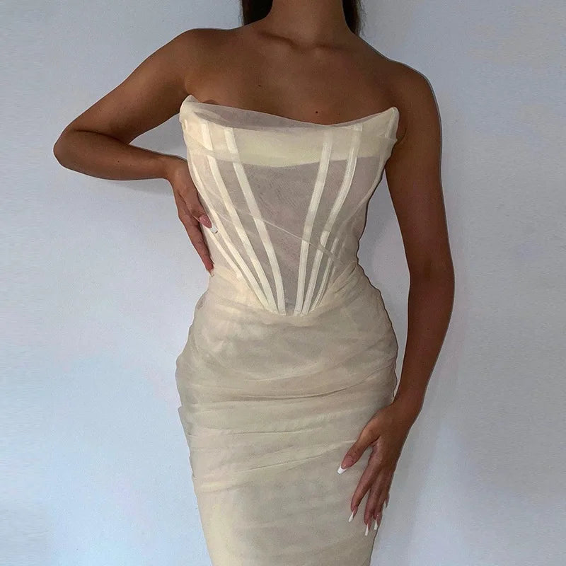 Mesh Strapless Corset Ruched Bodycon Mini Dress 26