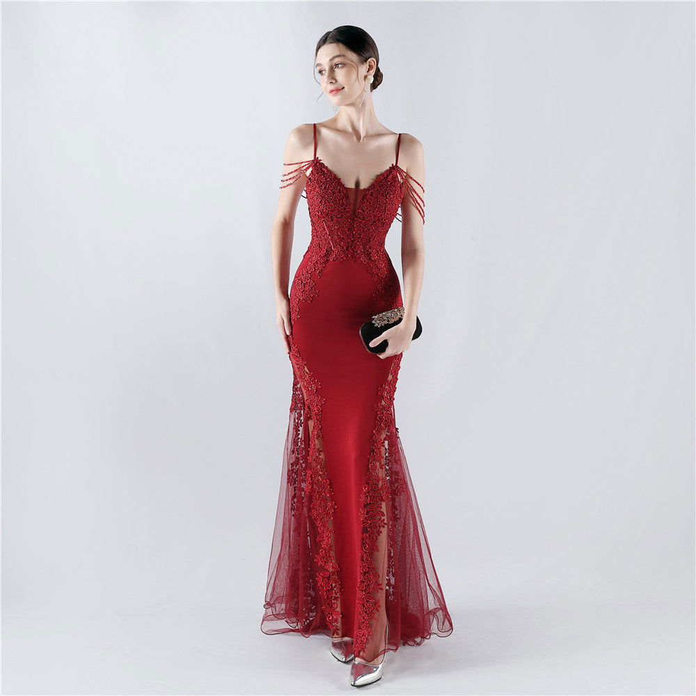 Lace Beaded Spaghetti Strap Sheer Mermaid Maxi Dress