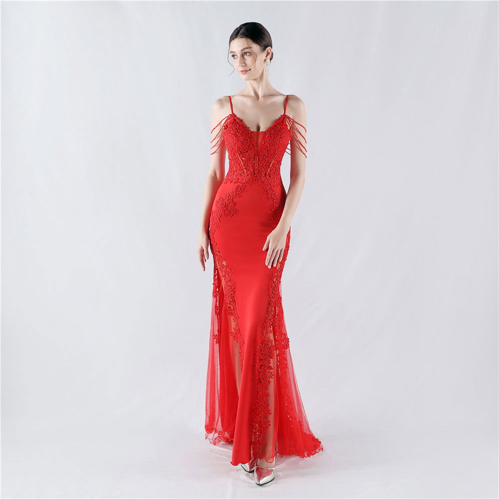 Lace Beaded Spaghetti Strap Sheer Mermaid Maxi Dress - View 3