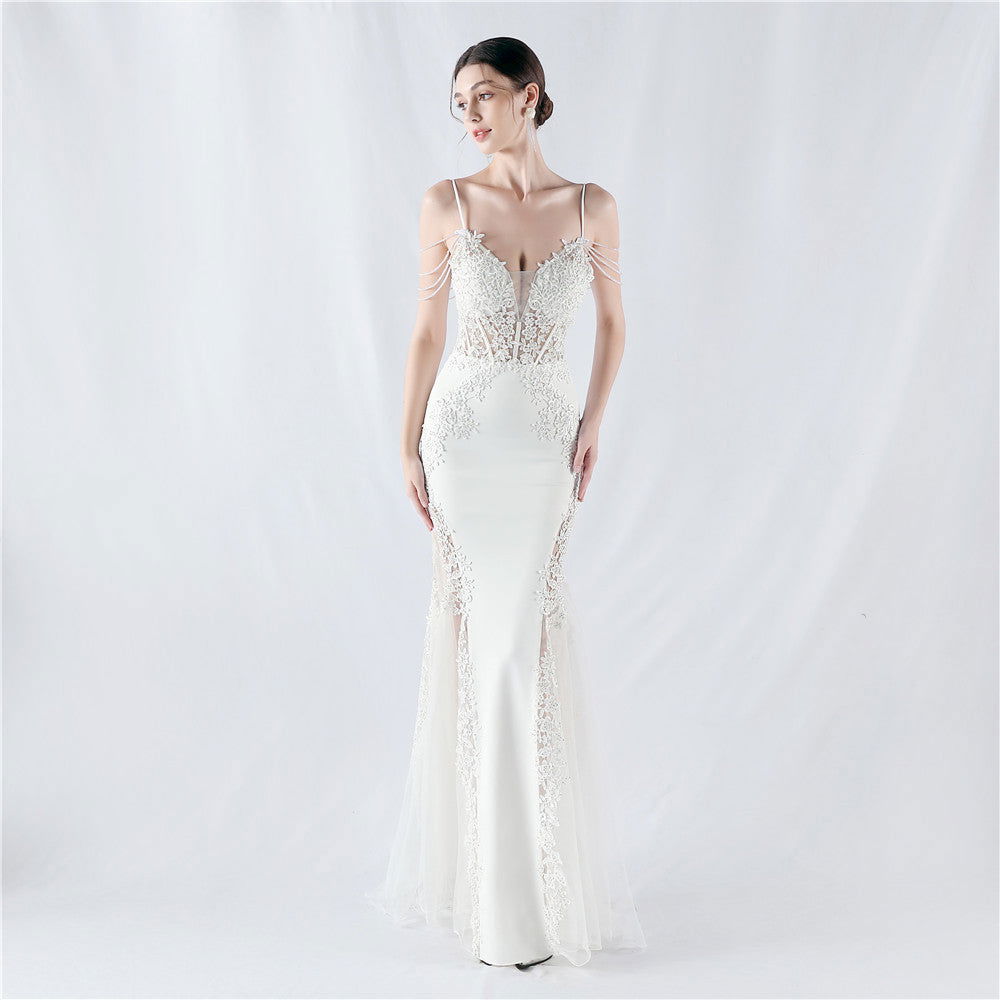 Lace Beaded Spaghetti Strap Sheer Mermaid Maxi Dress - View 4