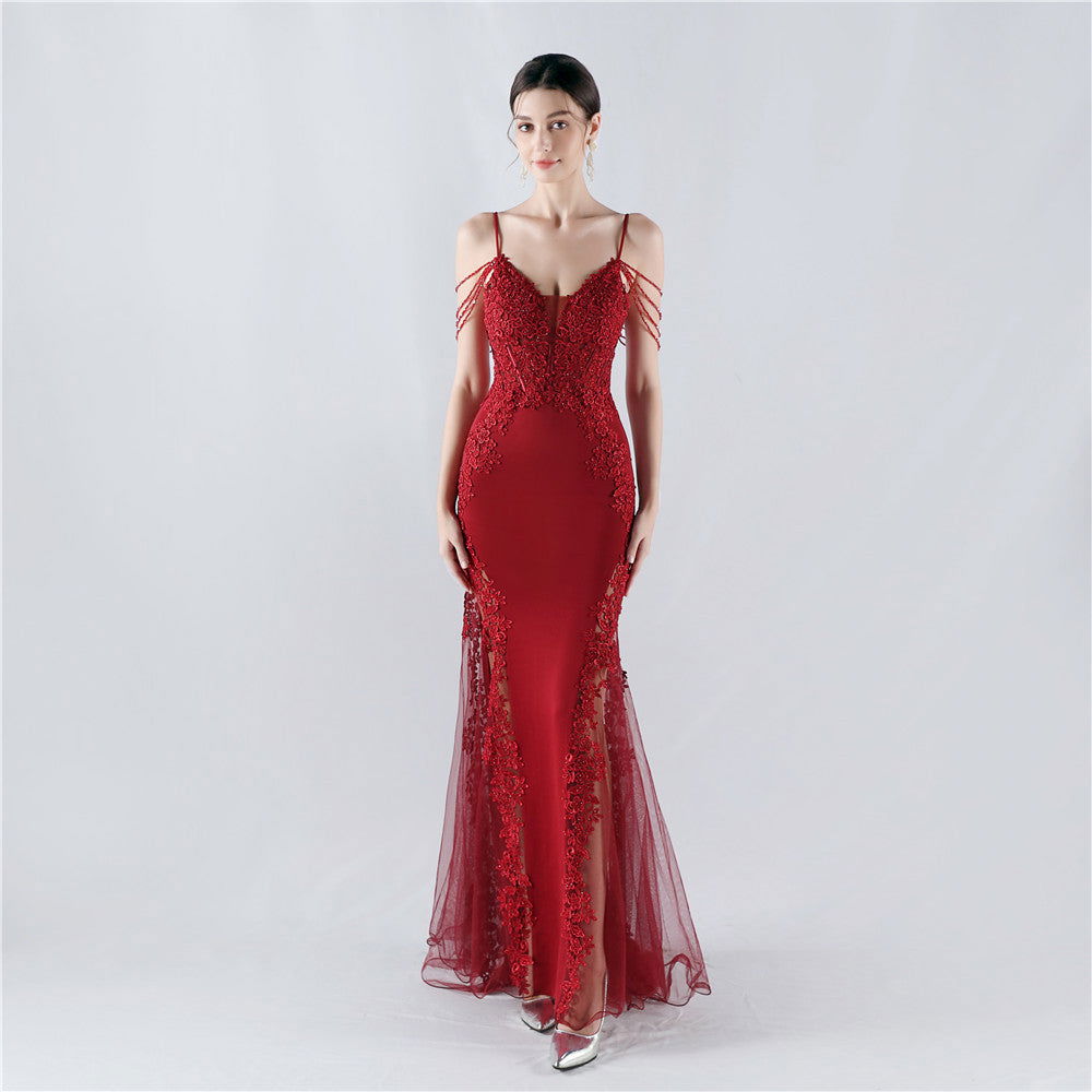 Lace Beaded Spaghetti Strap Sheer Mermaid Maxi Dress - View 7