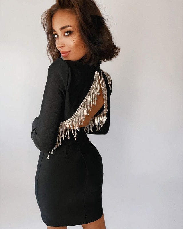 Mock Neck Long Sleeve Backless Rhinestone Fringe Bandage Mini Dress - View 7