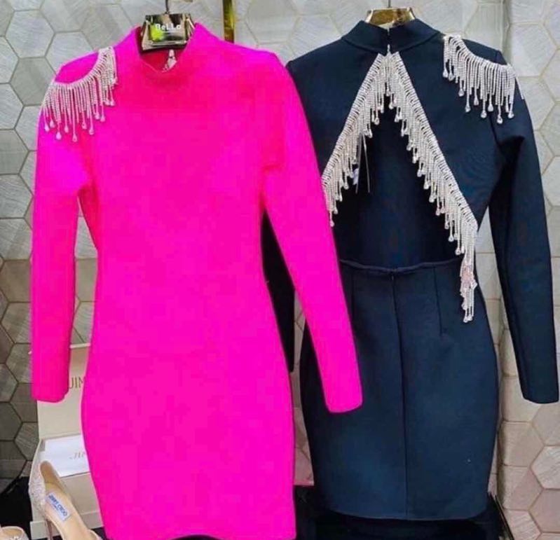 Mock Neck Long Sleeve Backless Rhinestone Fringe Bandage Mini Dress - View 5