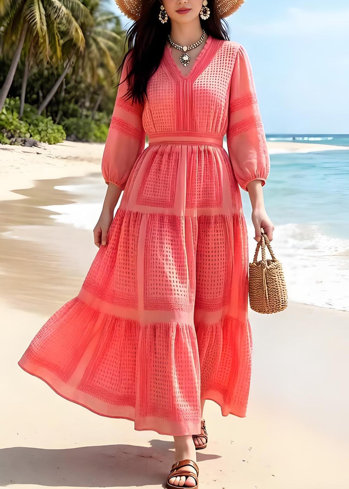 V-Neck Puff Sleeve Pintuck Tiered Chiffon Maxi Dress - View 5