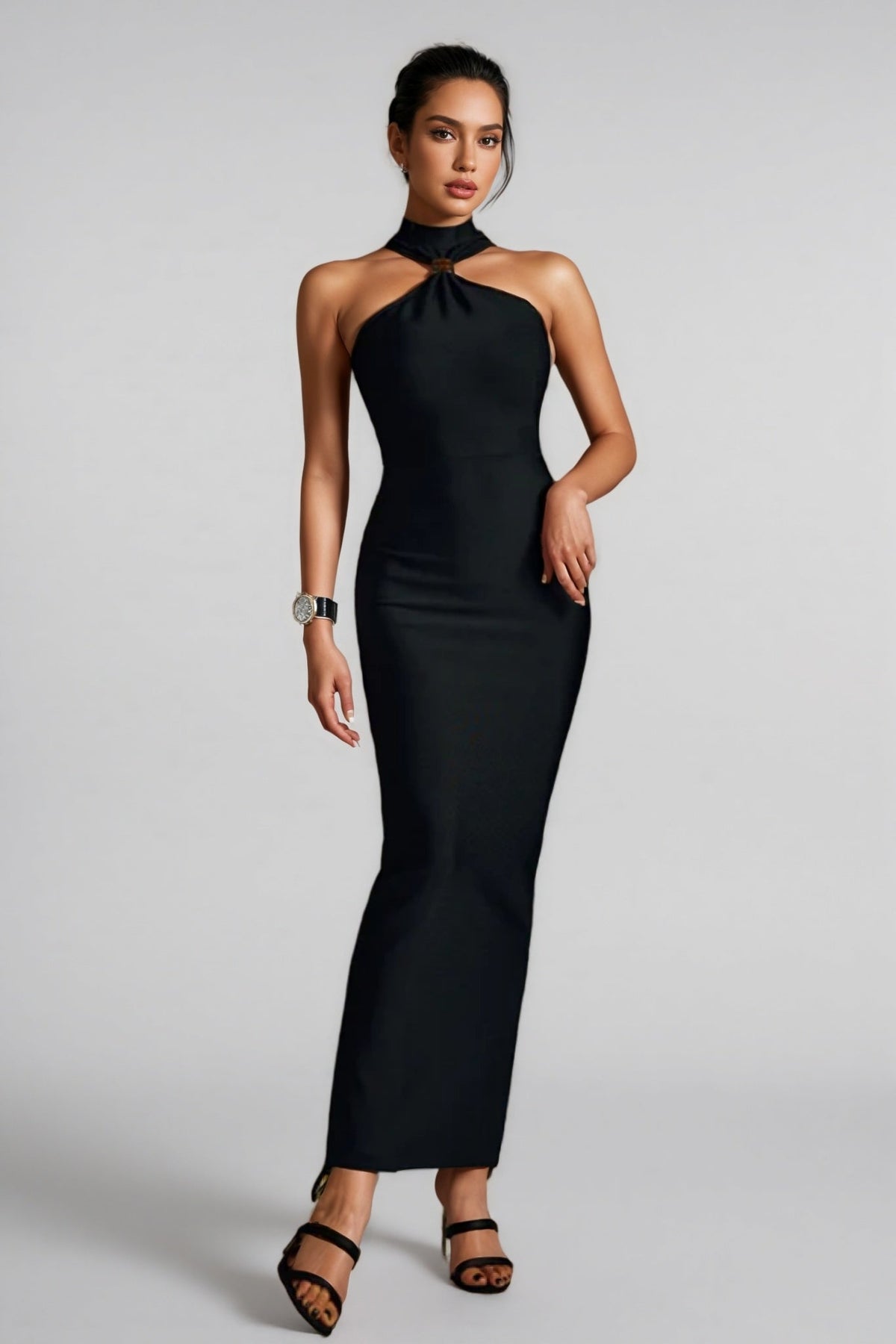 Halter Neck Ring Detail Mermaid Bandage Maxi Gown - View 2