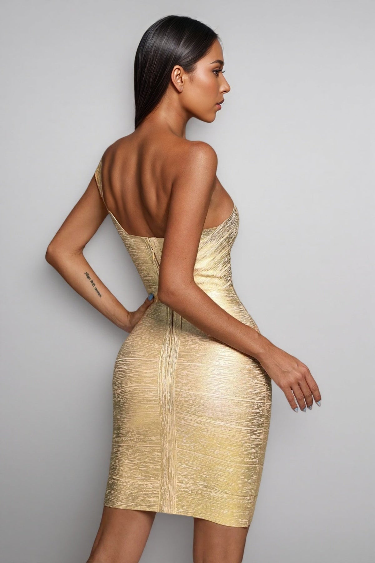 Metallic One Shoulder Ribbed Bandage Bodycon Cocktail Mini Dress - View 5