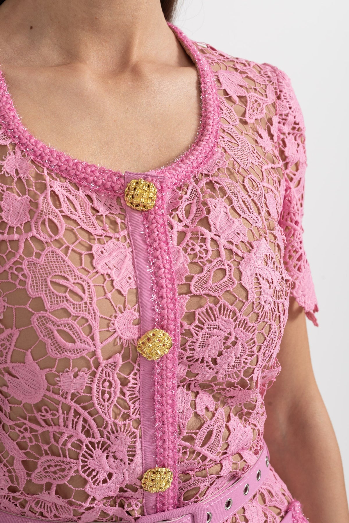 Exquisite Short Sleeve Lace Midi Dress - Rose - View 9