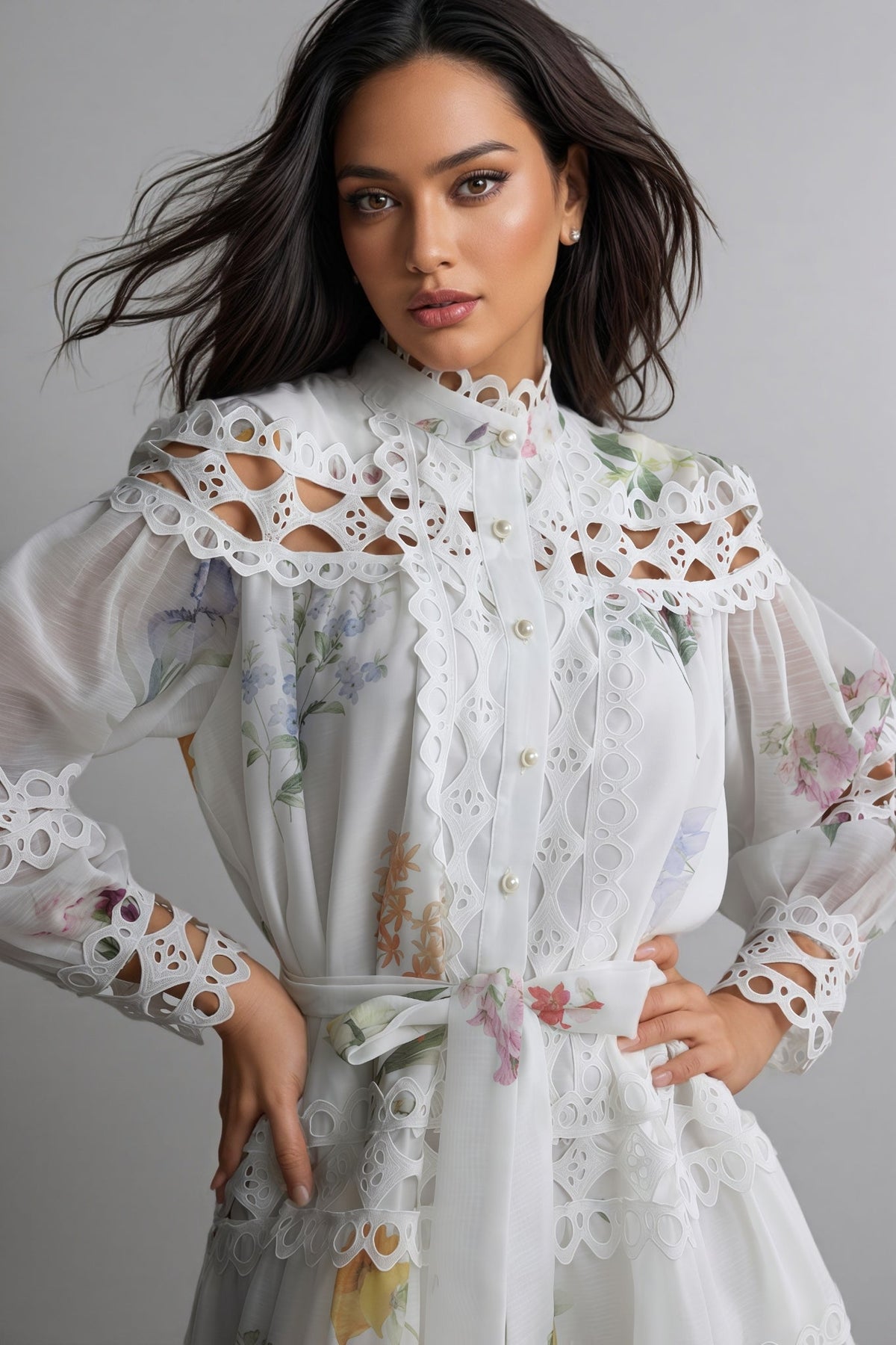 Floral Print Lace High Neck Bishop Sleeve A-Line Mini Dress - View 6