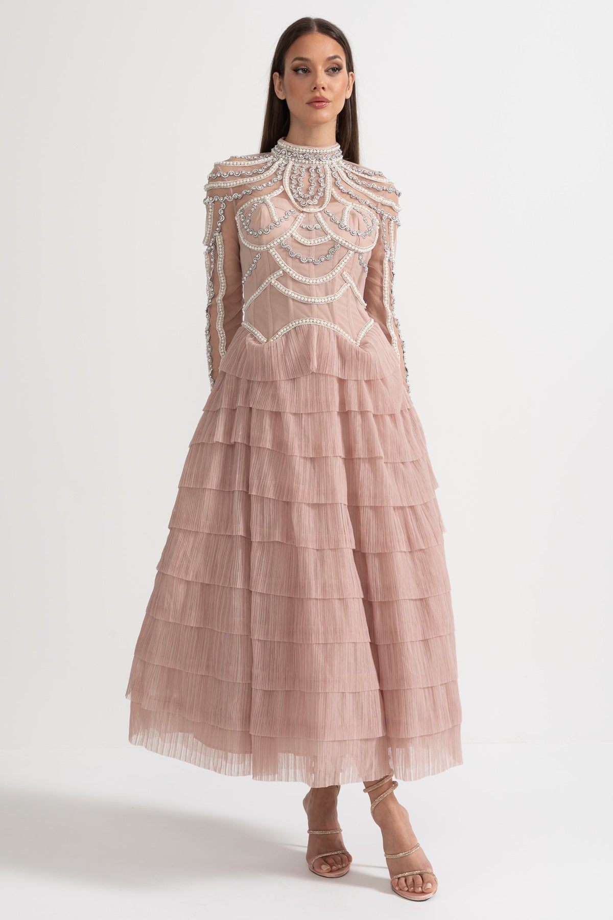 Pearl Crystal Long Sleeve Mesh Tiered Ruffle Tea Length Midi Dress - View 10