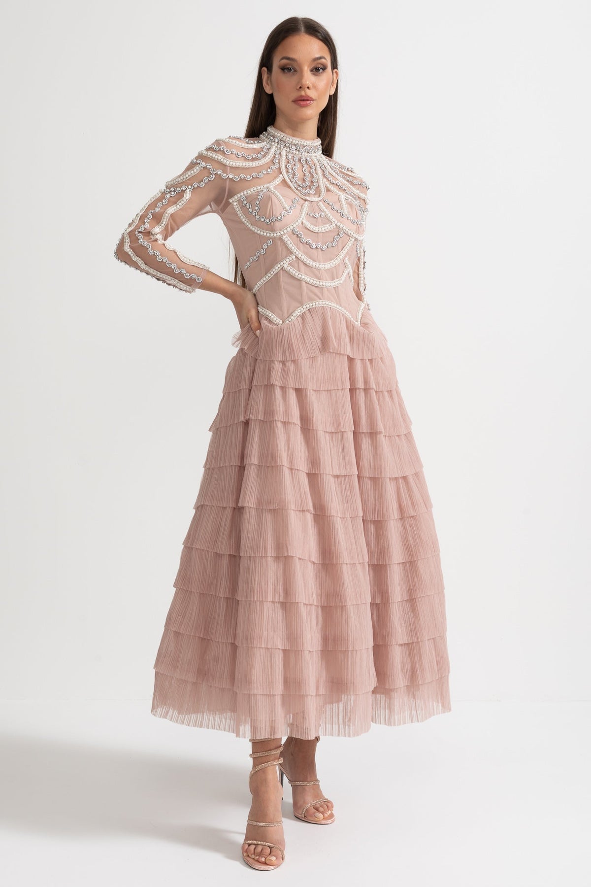 Pearl Crystal Long Sleeve Mesh Tiered Ruffle Tea Length Midi Dress - View 2