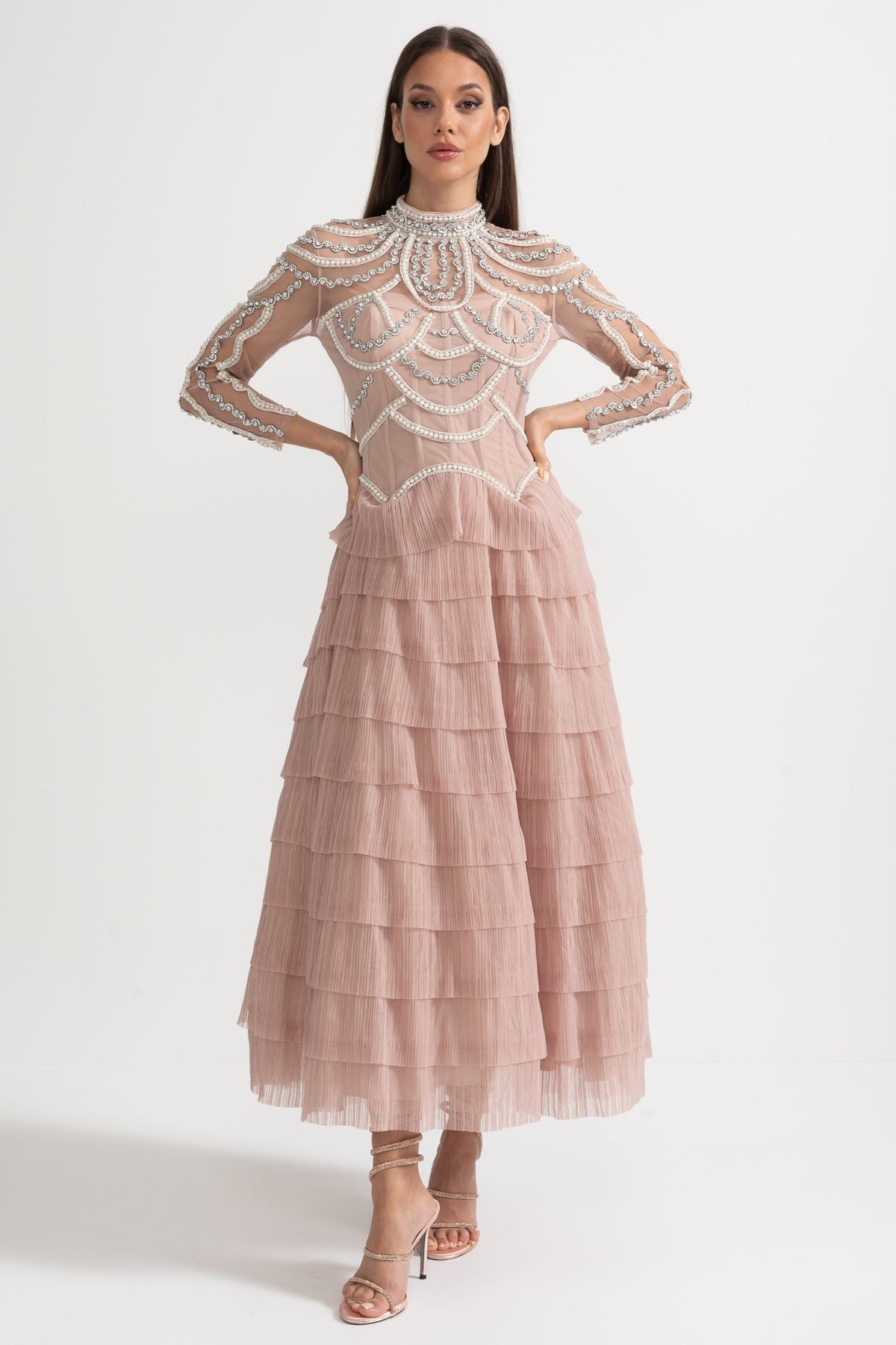 Pearl Crystal Long Sleeve Mesh Tiered Ruffle Tea Length Midi Dress - View 3