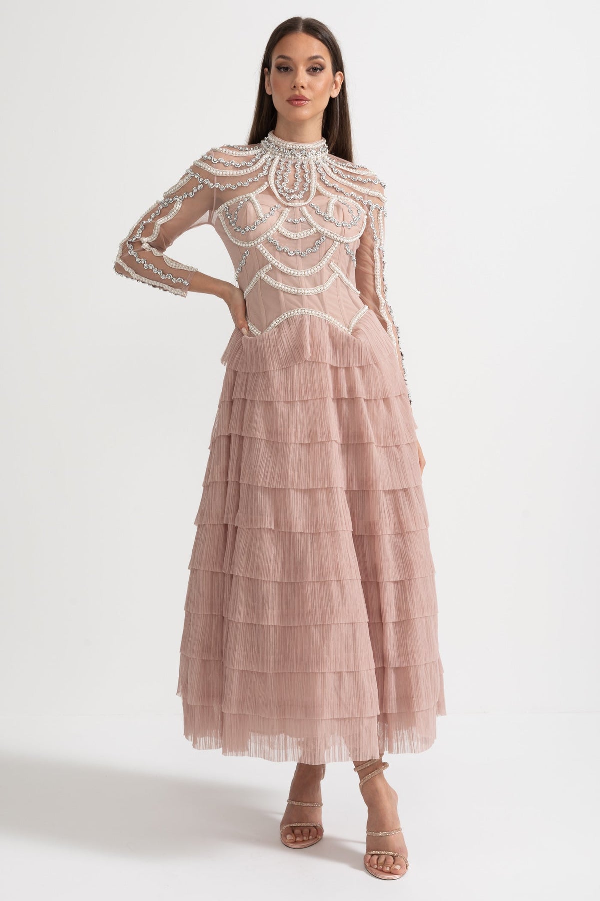 Pearl Crystal Long Sleeve Mesh Tiered Ruffle Tea Length Midi Dress - View 11