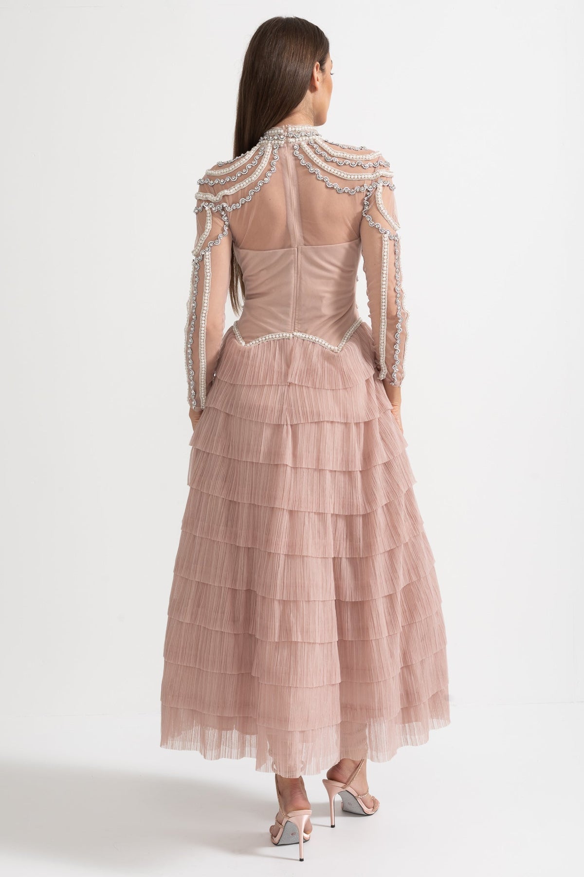 Pearl Crystal Long Sleeve Mesh Tiered Ruffle Tea Length Midi Dress - View 13