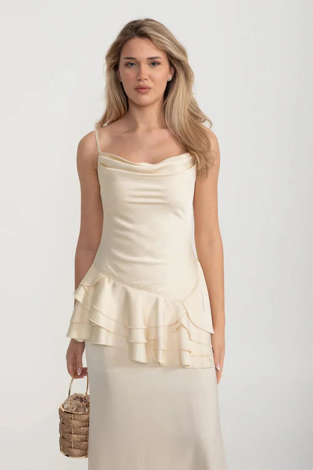 Cowl Neck Spaghetti Strap Tiered Peplum Ruffle Satin Maxi Gown - View 6