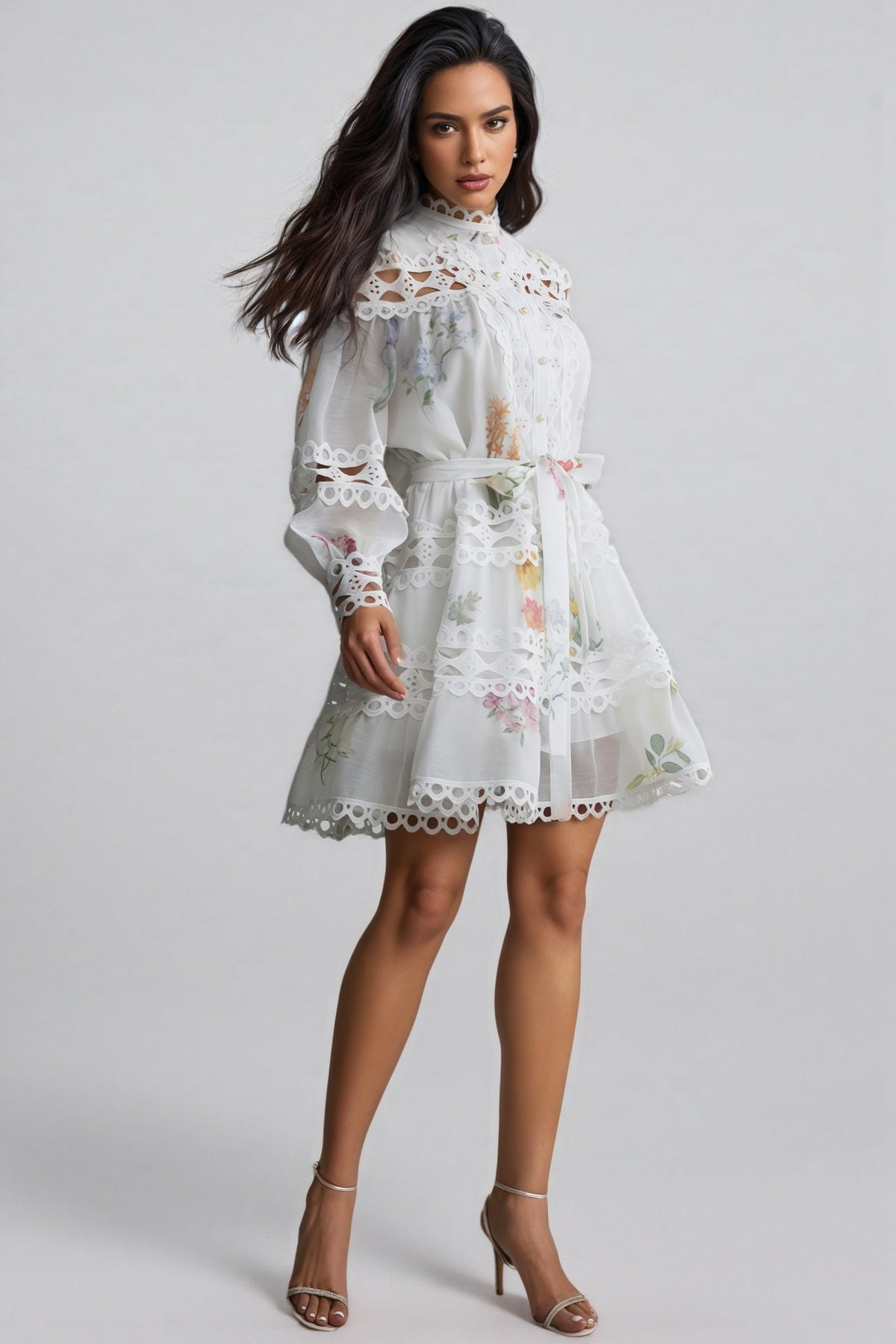 Floral Print Lace High Neck Bishop Sleeve A-Line Mini Dress - View 2