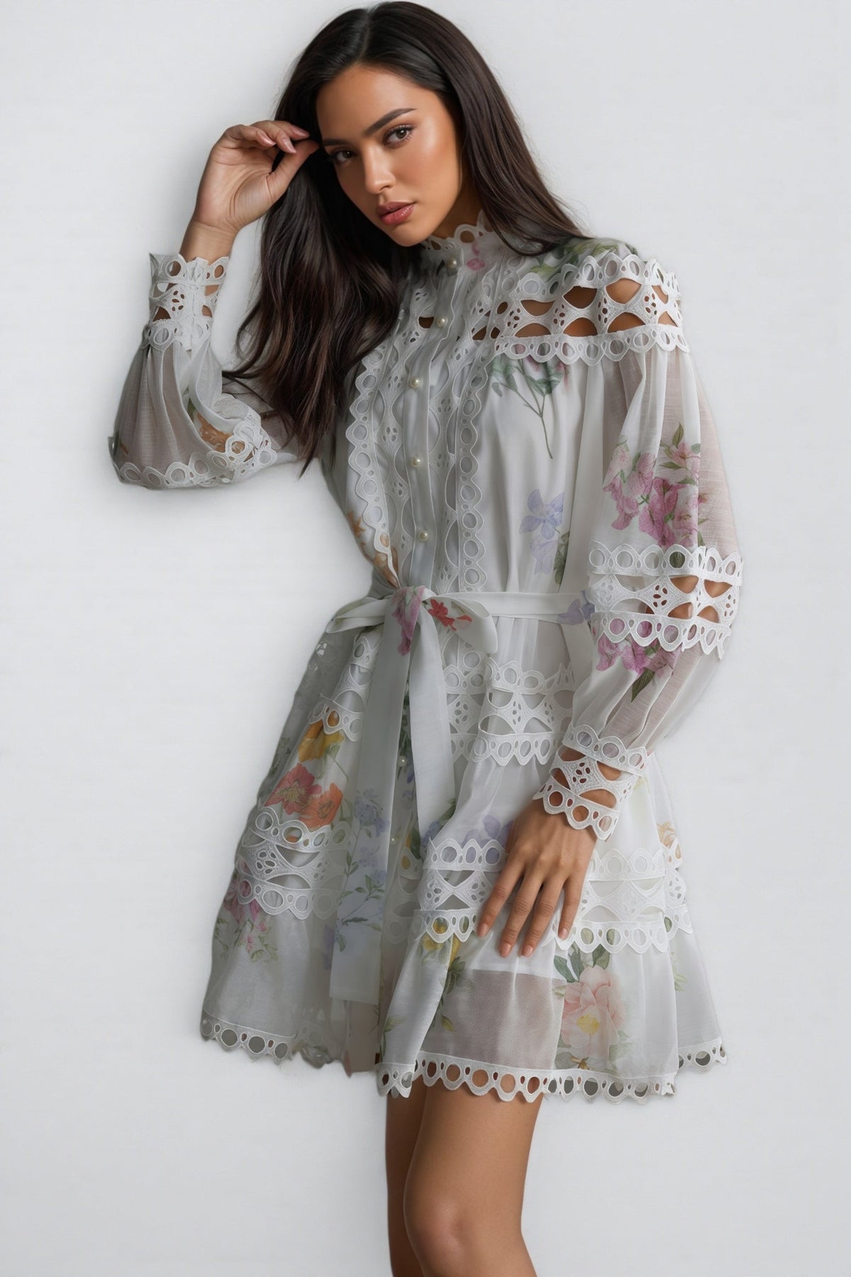 Floral Print Lace High Neck Bishop Sleeve A-Line Mini Dress - View 5