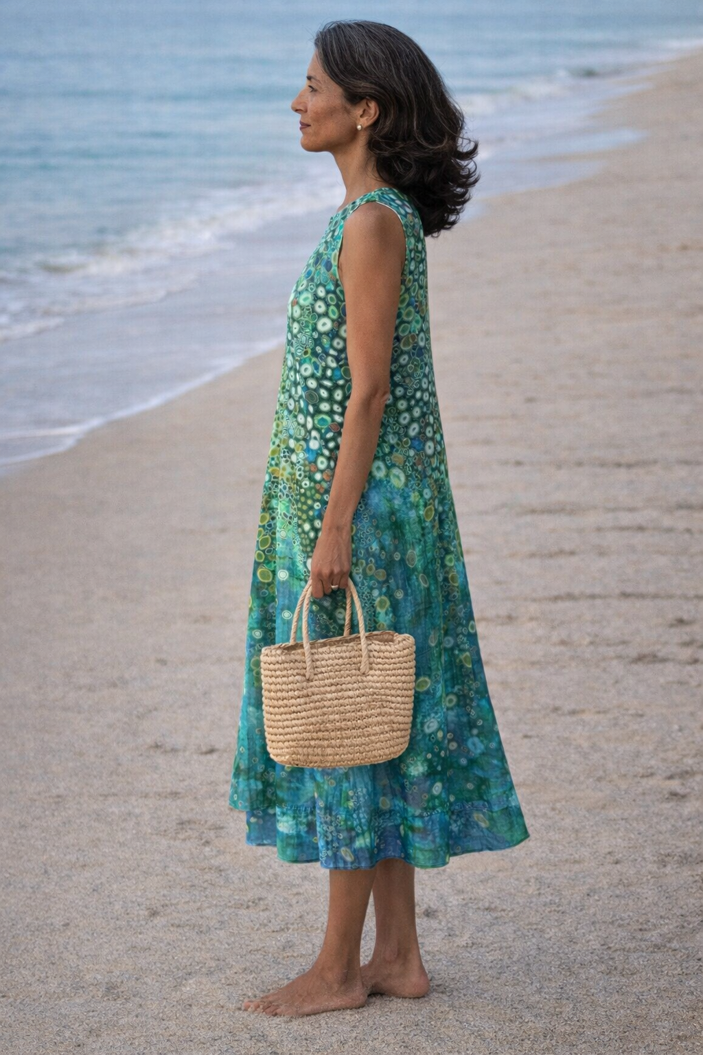 Round Neck Sleeveless Watercolor Print Cocoon Midi Dress 2