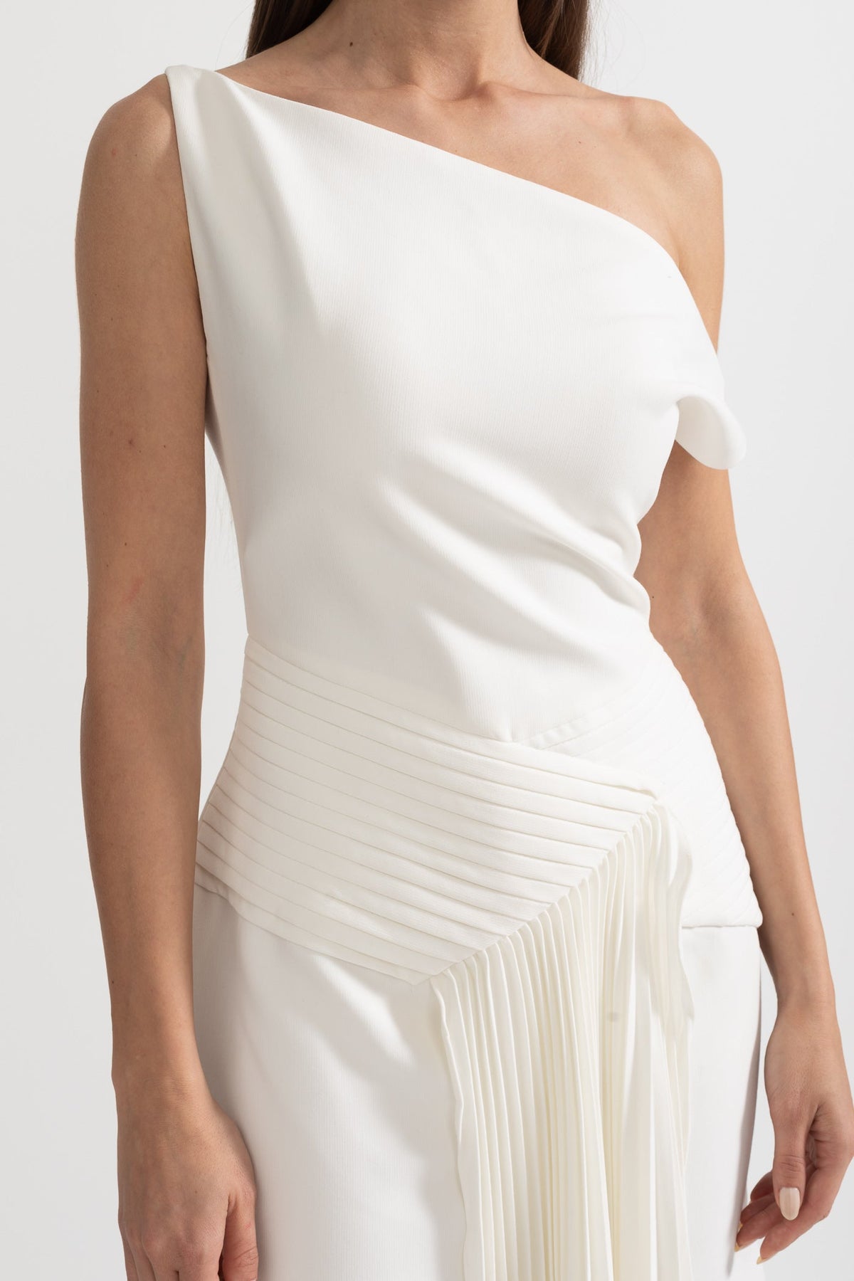 One Shoulder Asymmetric Pleated Side Panel Gathered Waist Midi Dress - View 5