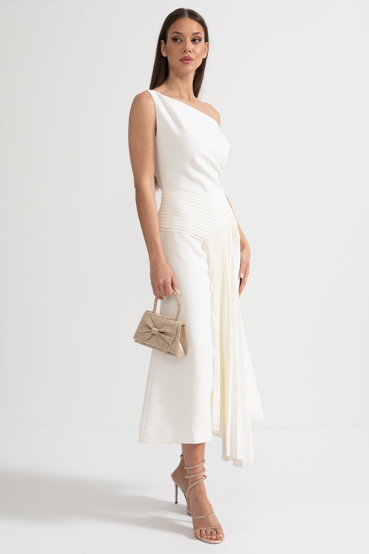 One Shoulder Asymmetric Pleated Side Panel Gathered Waist Midi Dress - View 2