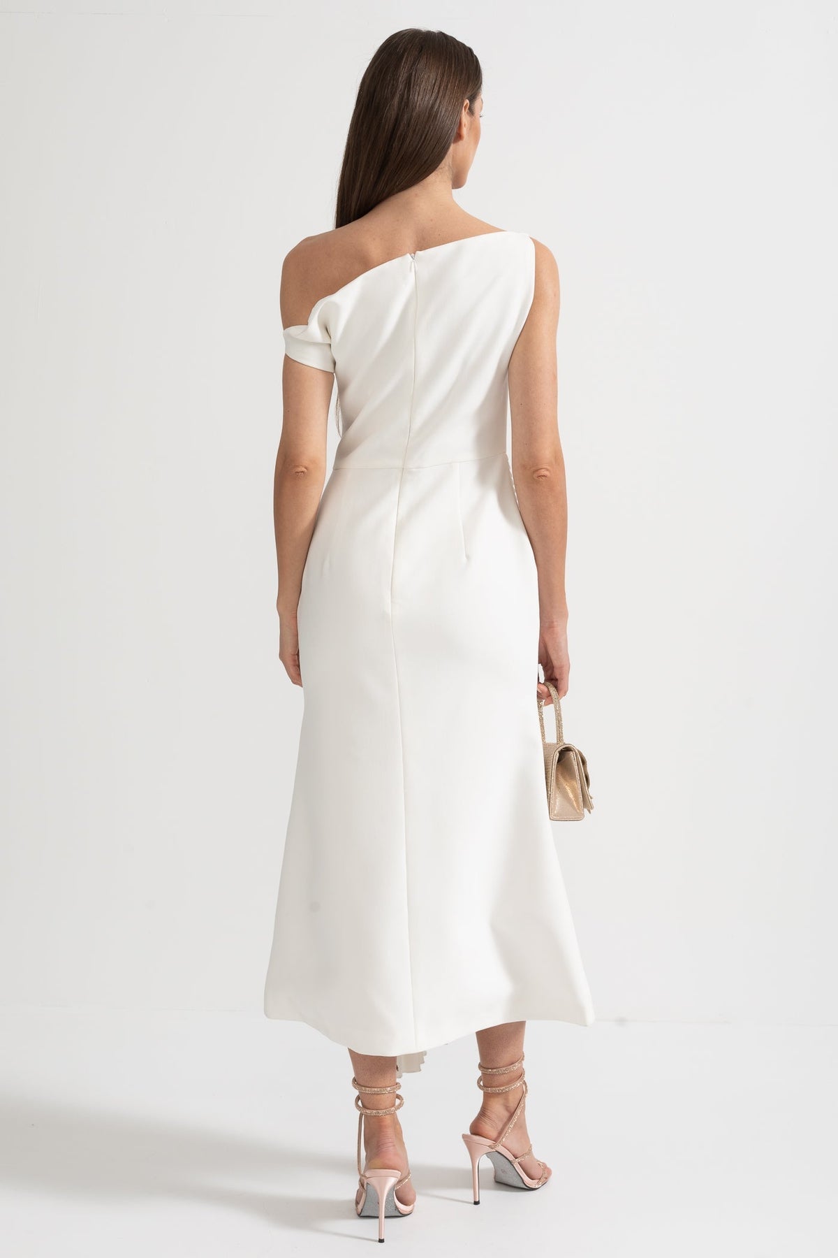 One Shoulder Asymmetric Pleated Side Panel Gathered Waist Midi Dress - View 8