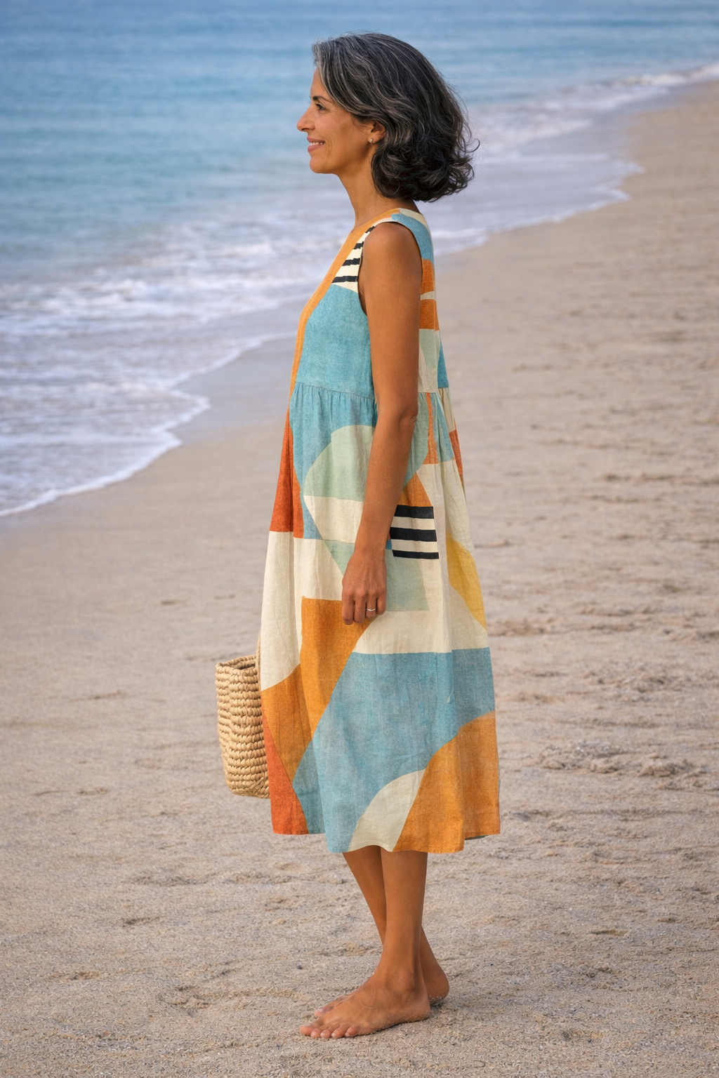 Geometric Print Round Neck Sleeveless Midi Dress 2