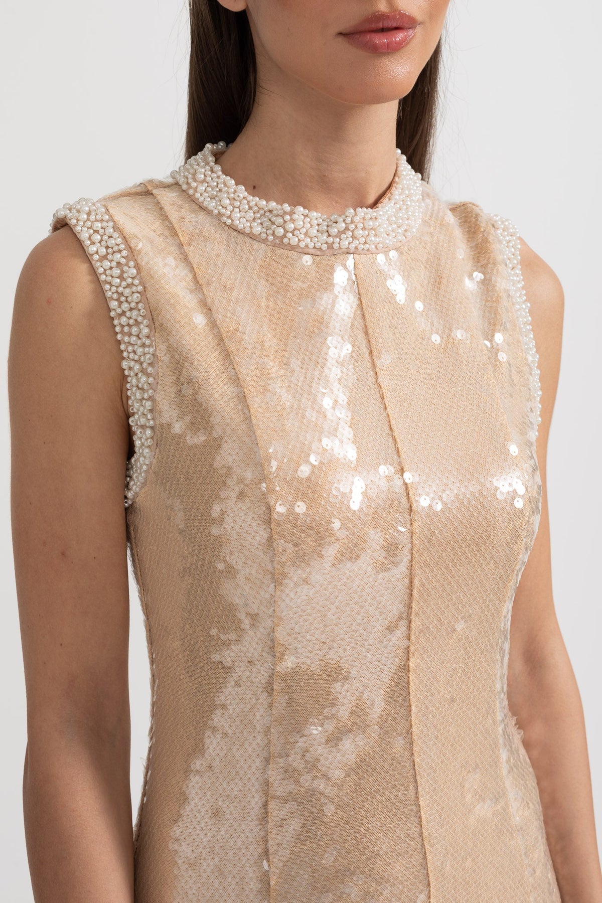 Sequin Sleeveless High Neck Pearl Trim Tea Length Midi Dress - View 7