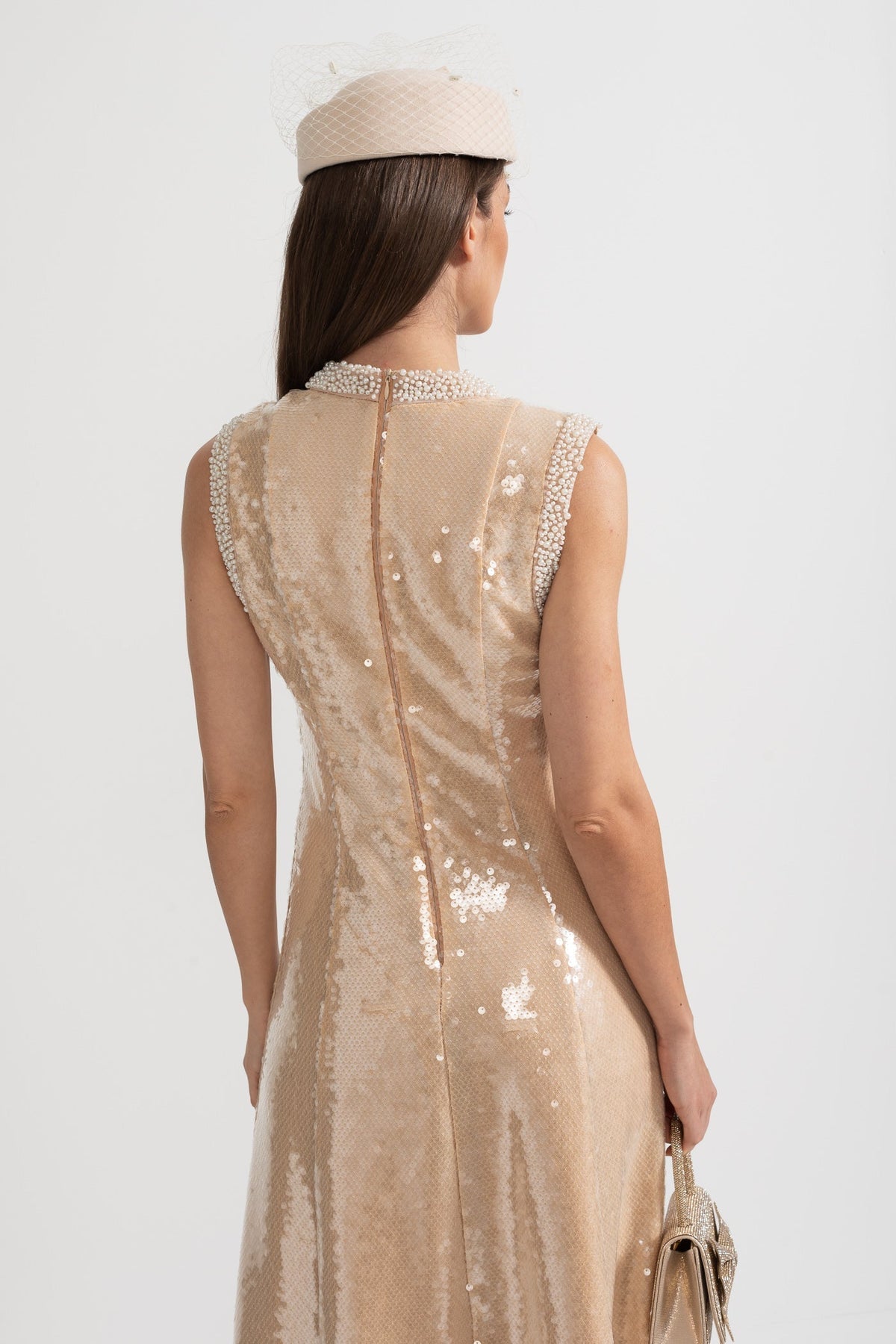 Sequin Sleeveless High Neck Pearl Trim Tea Length Midi Dress - View 12