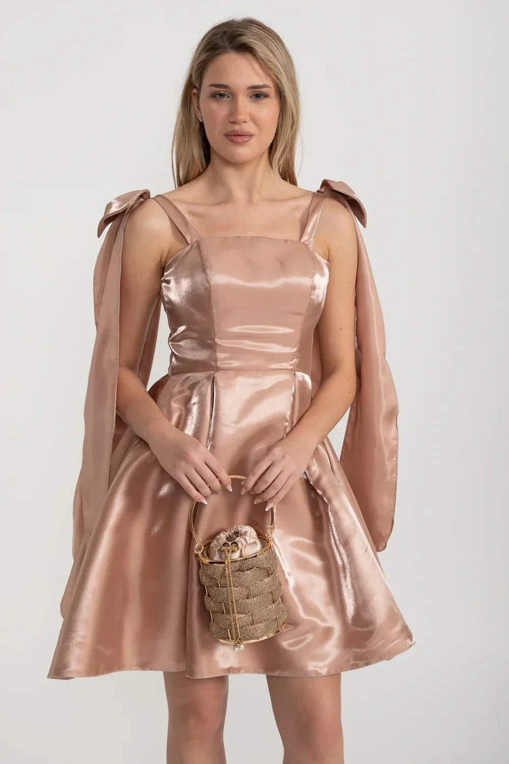 Satin Square Neck Spaghetti Strap Shoulder Bow Pleated Mini Dress - View 3