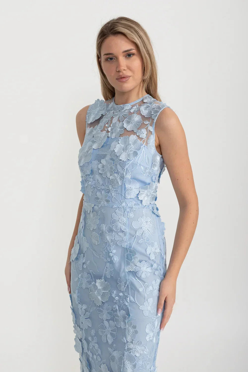 3D Floral Applique Sleeveless High Neck Mesh Sheath Midi Dress - View 5