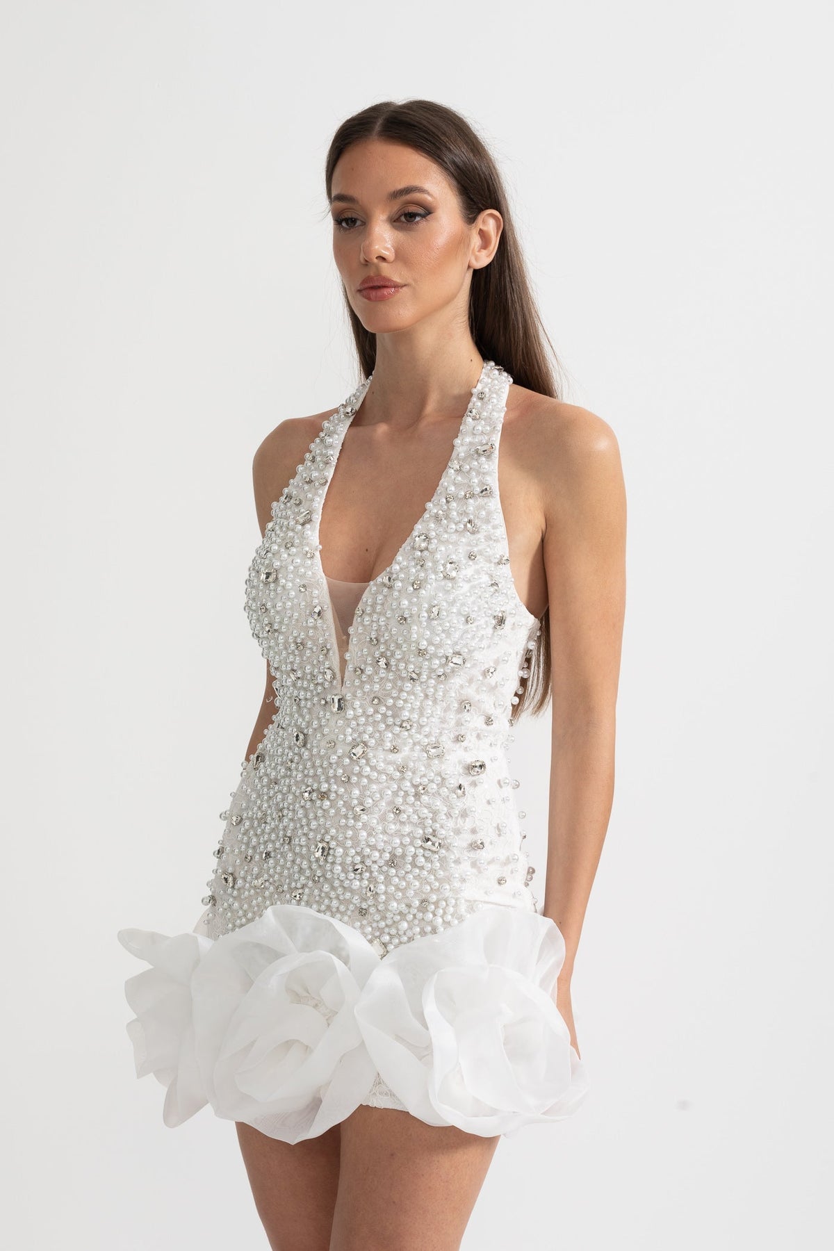 Pearl Rhinestone Halter Neck Deep V-Neck 3D Ruffle Mini Dress - View 7