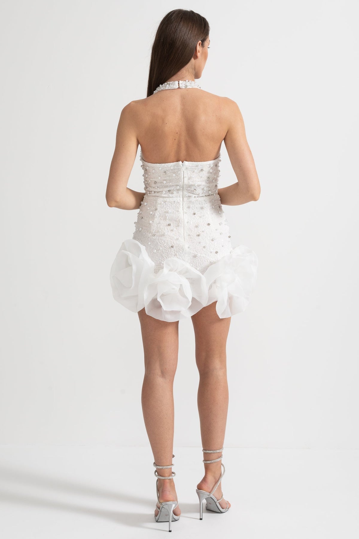 Pearl Rhinestone Halter Neck Deep V-Neck 3D Ruffle Mini Dress - View 9
