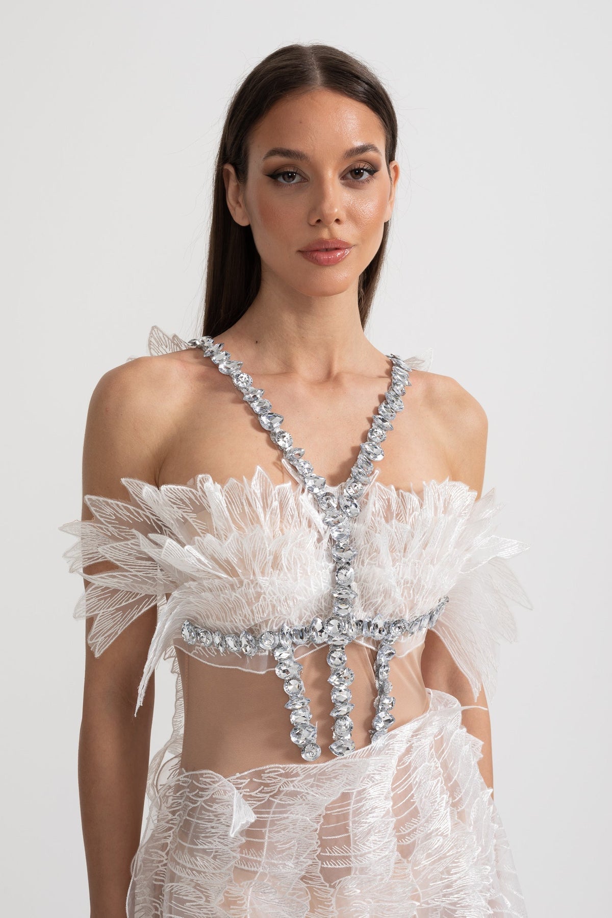 Crystal Wing Applique Mesh Sheer Waist Strapless Mini Dress - View 6