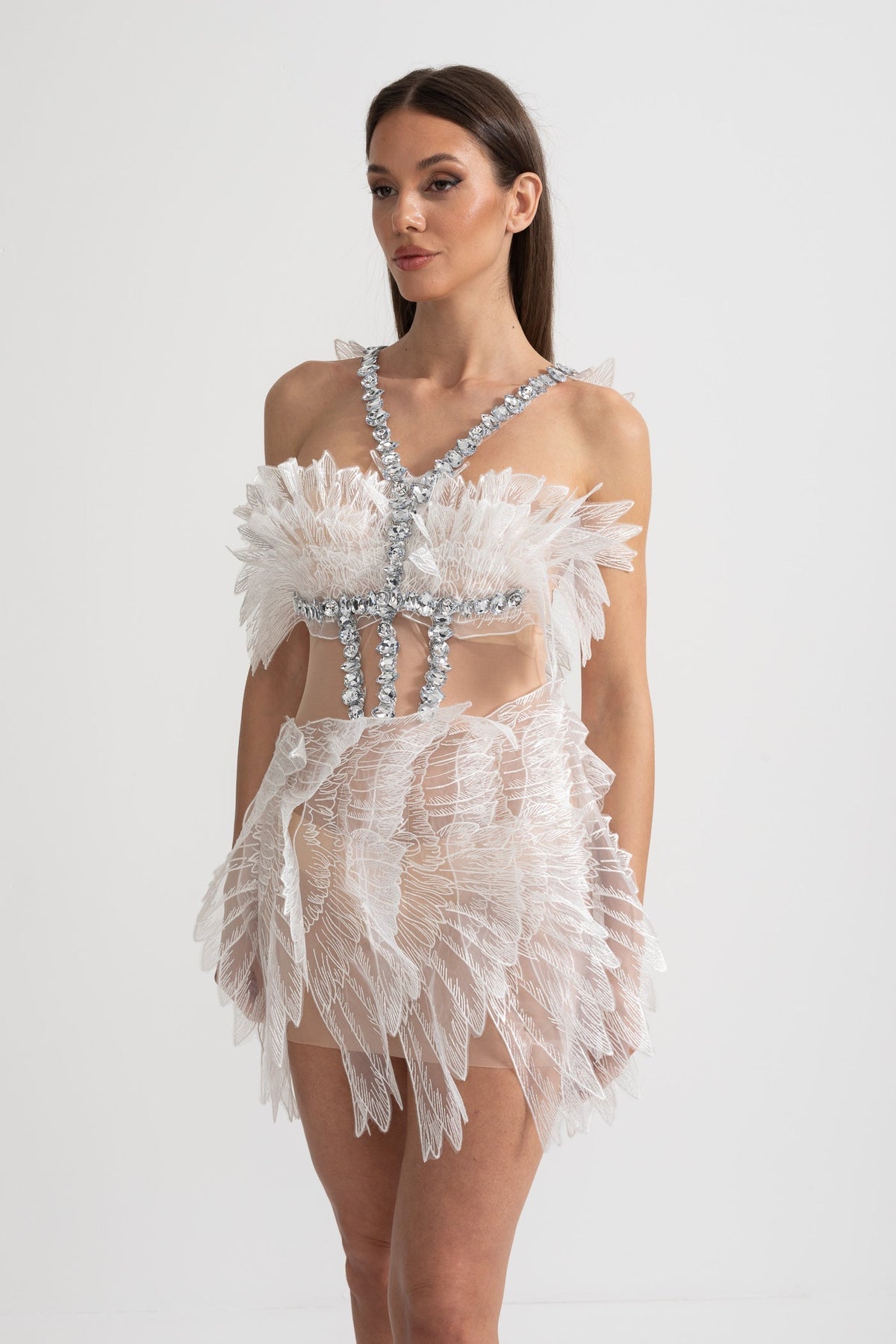Crystal Wing Applique Mesh Sheer Waist Strapless Mini Dress - View 13