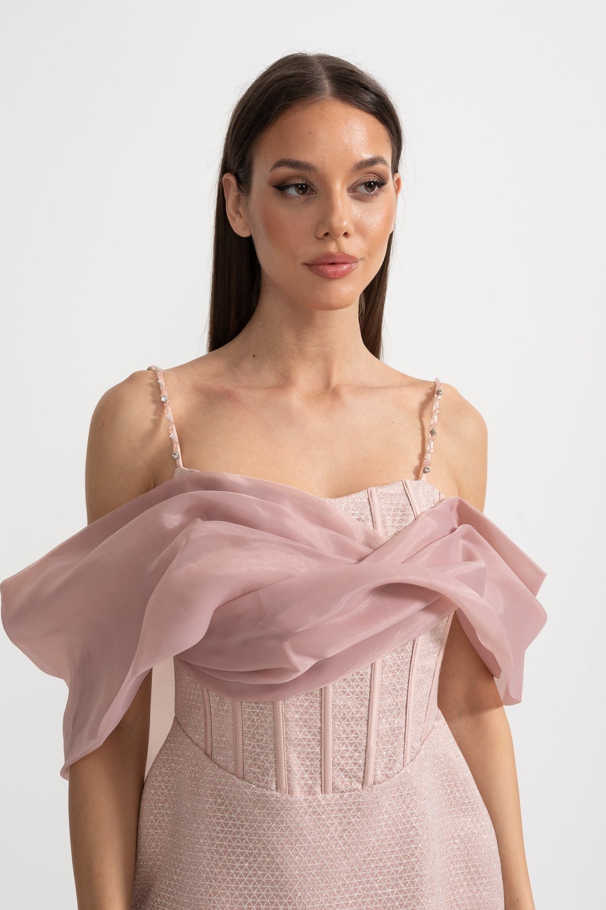 Jacquard Corset Bodice Spaghetti Strap Organza Drape Mini Dress - View 4