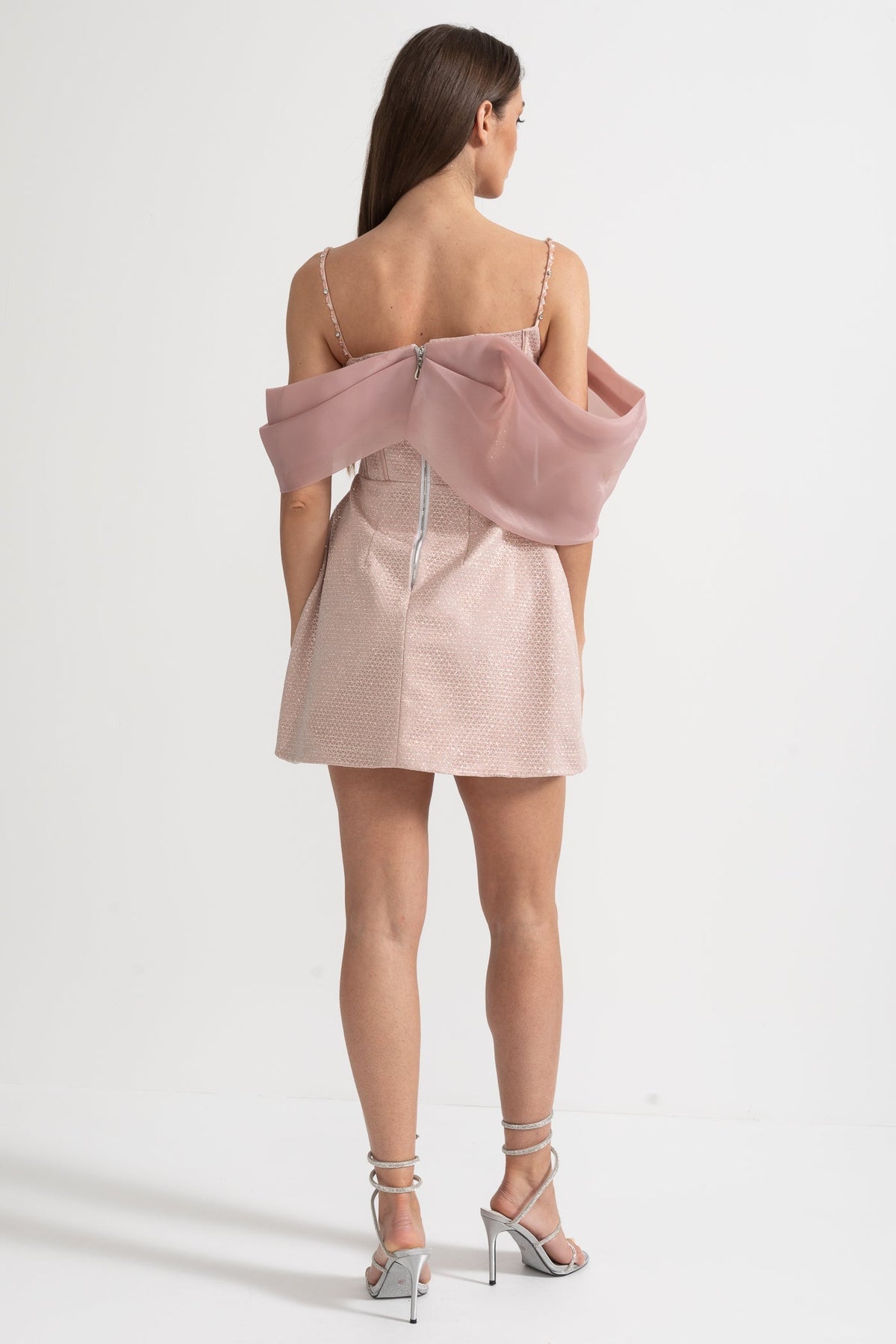 Jacquard Corset Bodice Spaghetti Strap Organza Drape Mini Dress - View 7