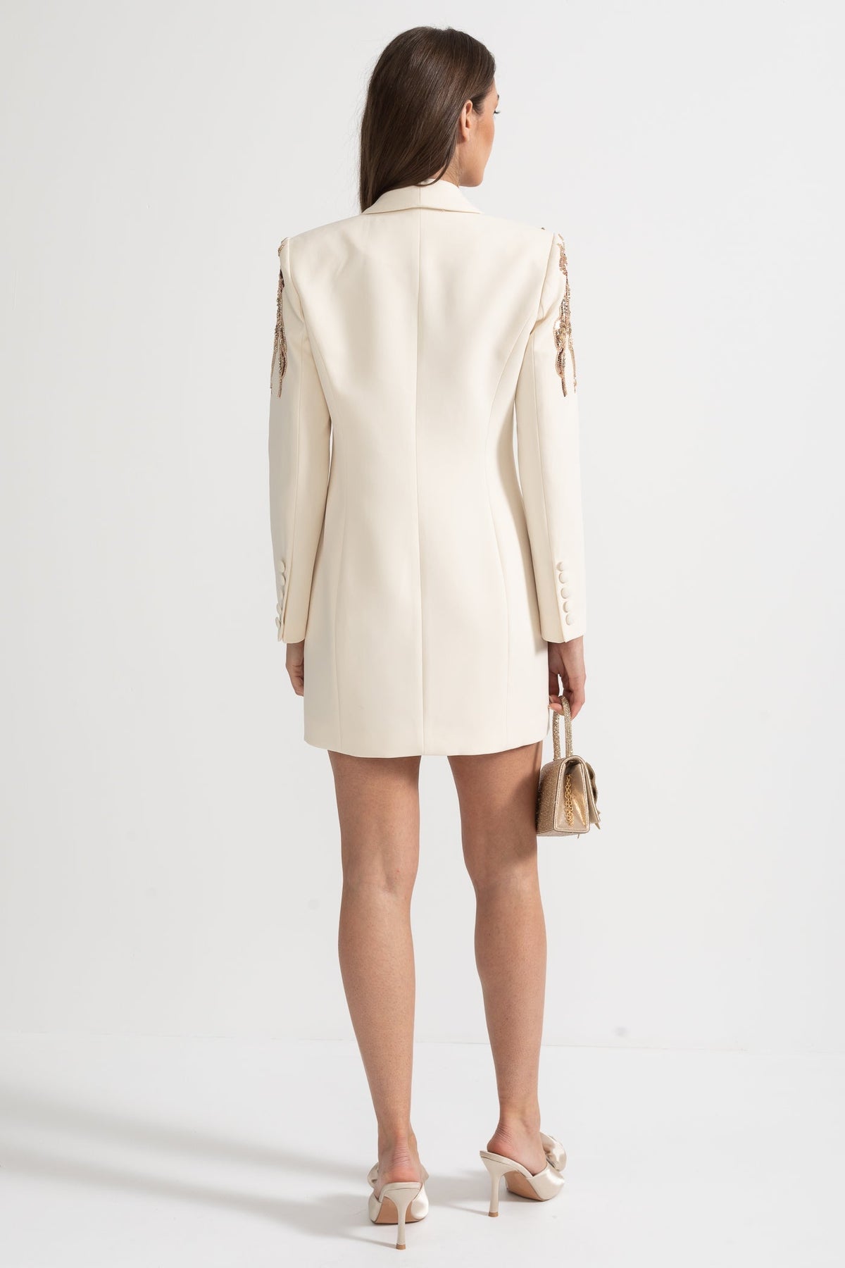 Sequin Shoulder Embroidery Deep V-Neck Wrap Ruched Mini Blazer Dress - View 15