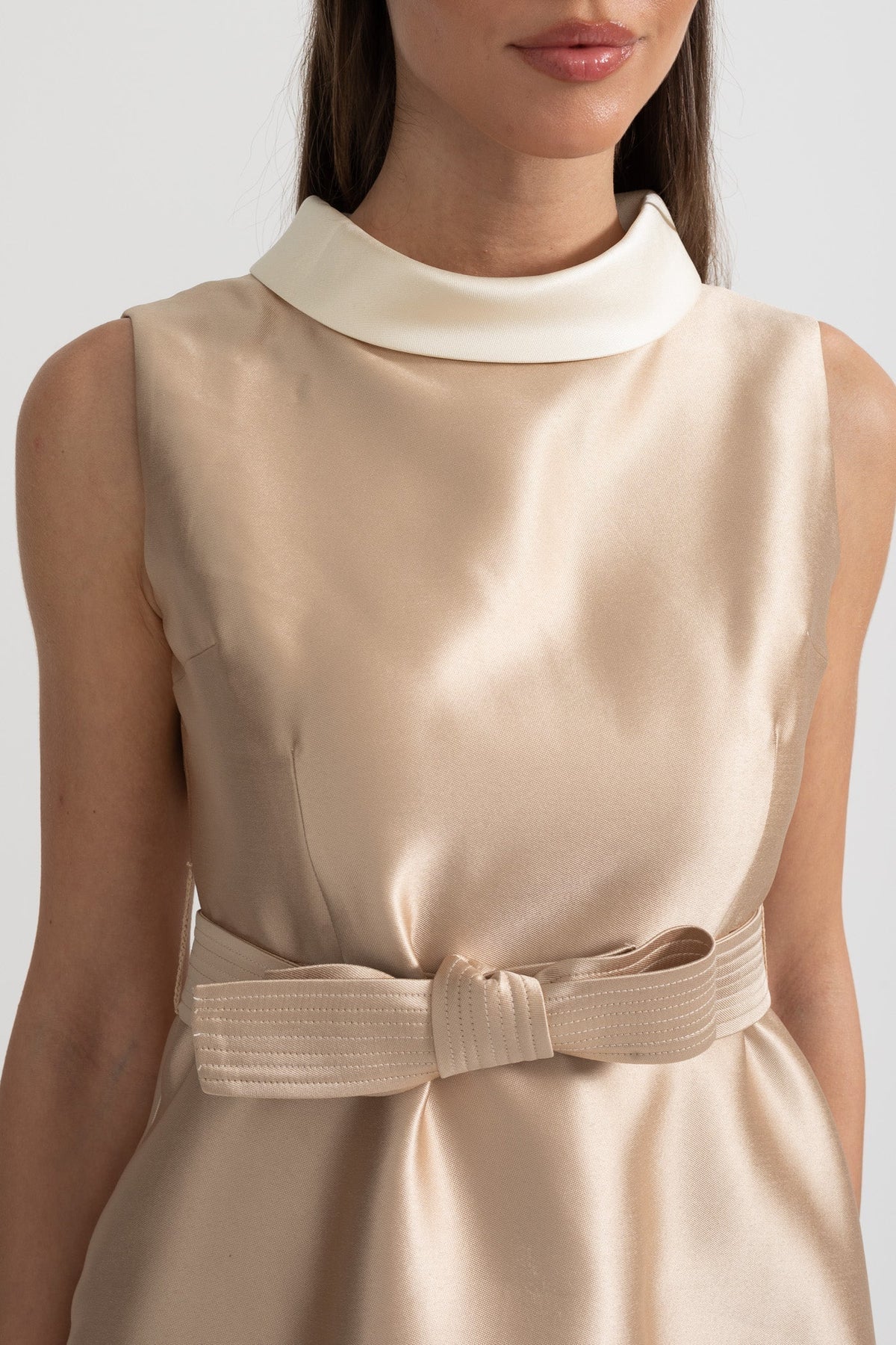 Satin Contrast Collar Sleeveless Bow Belt Pocket A-Line Mini Dress - View 5