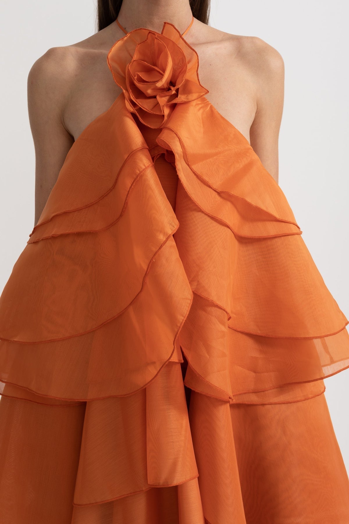Layered Ruffle Halter Dress With Decorative Neckline Flower - Orange - View 4