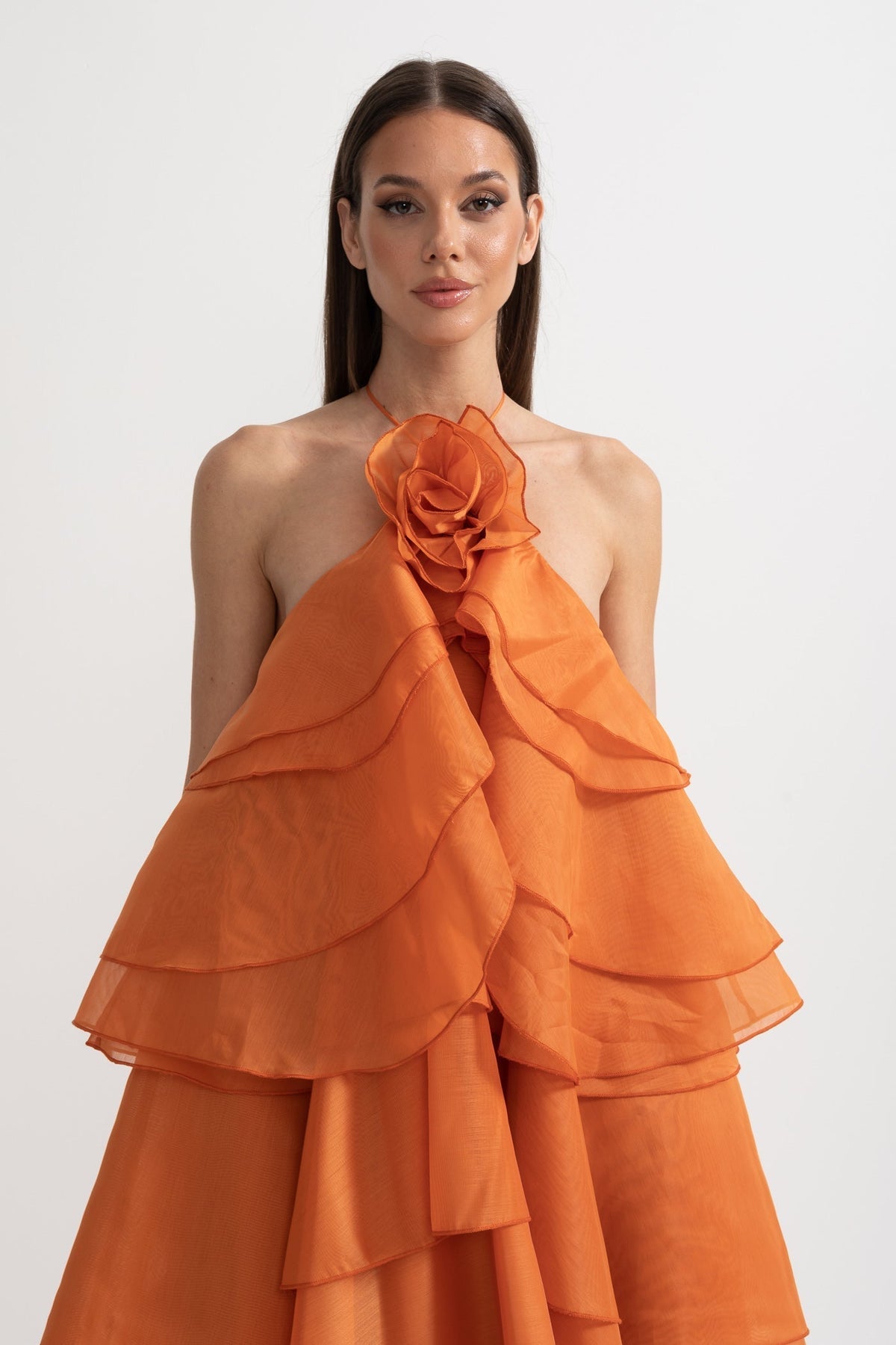 Layered Ruffle Halter Dress With Decorative Neckline Flower - Orange - View 5