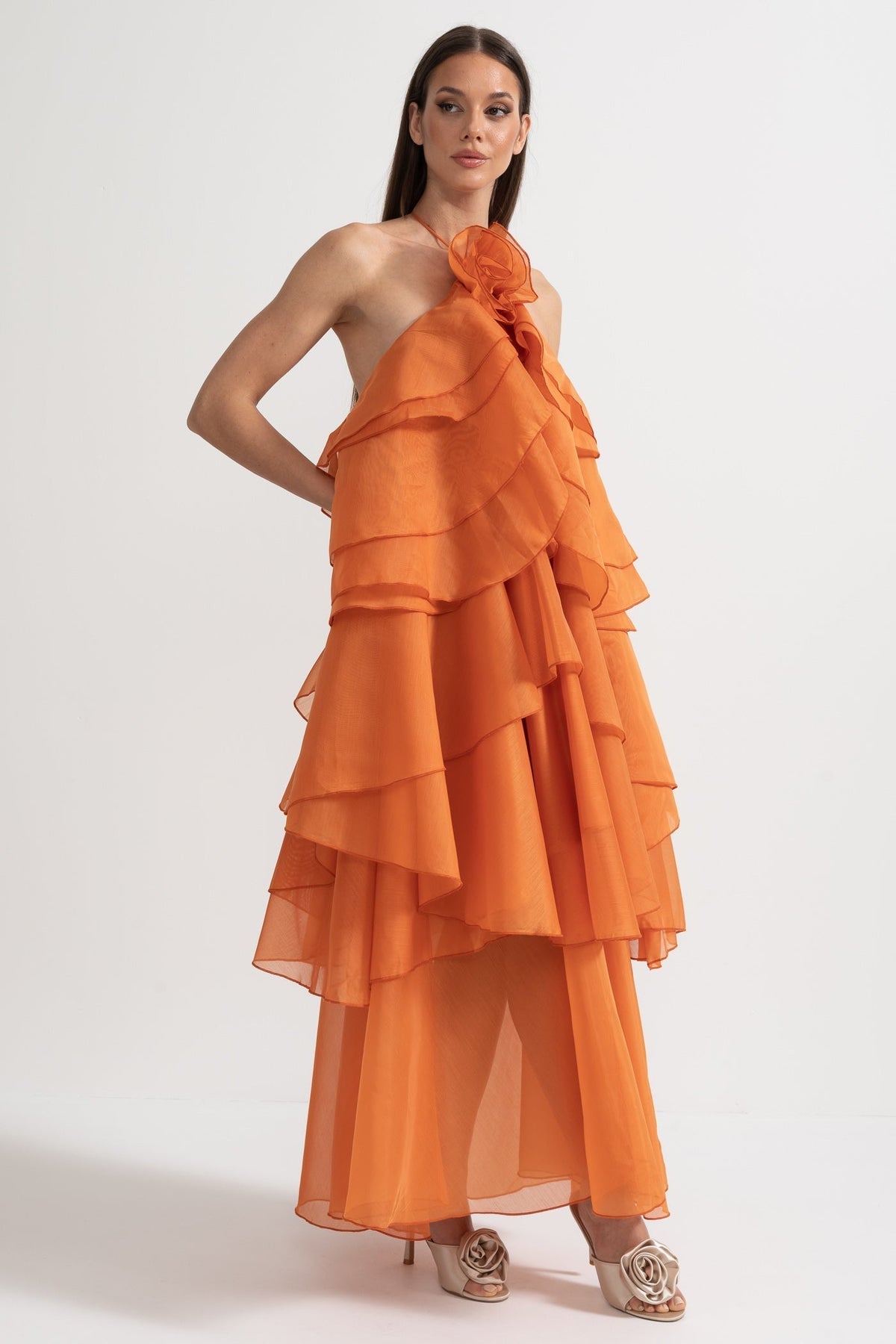 Layered Ruffle Halter Dress With Decorative Neckline Flower - Orange - View 9