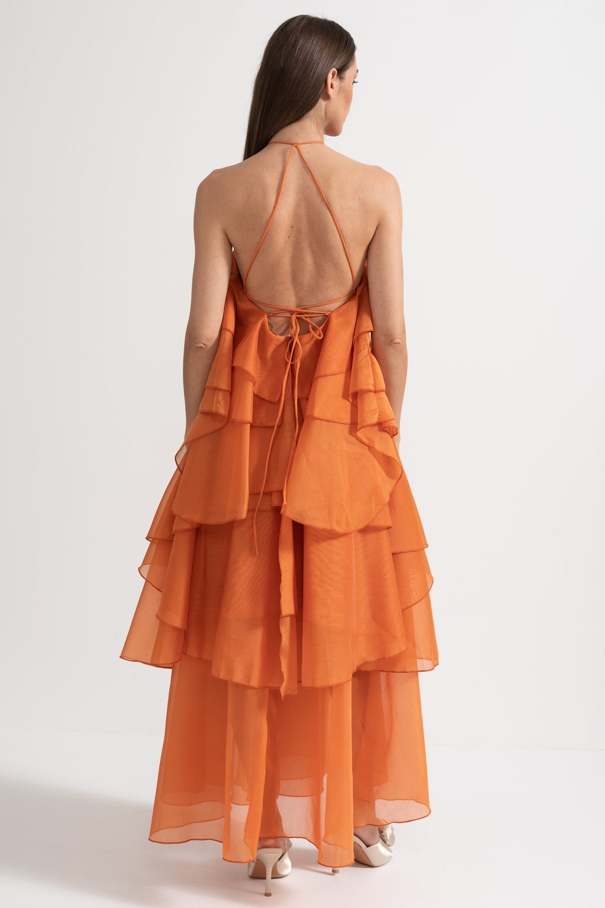 Layered Ruffle Halter Dress With Decorative Neckline Flower - Orange - View 12