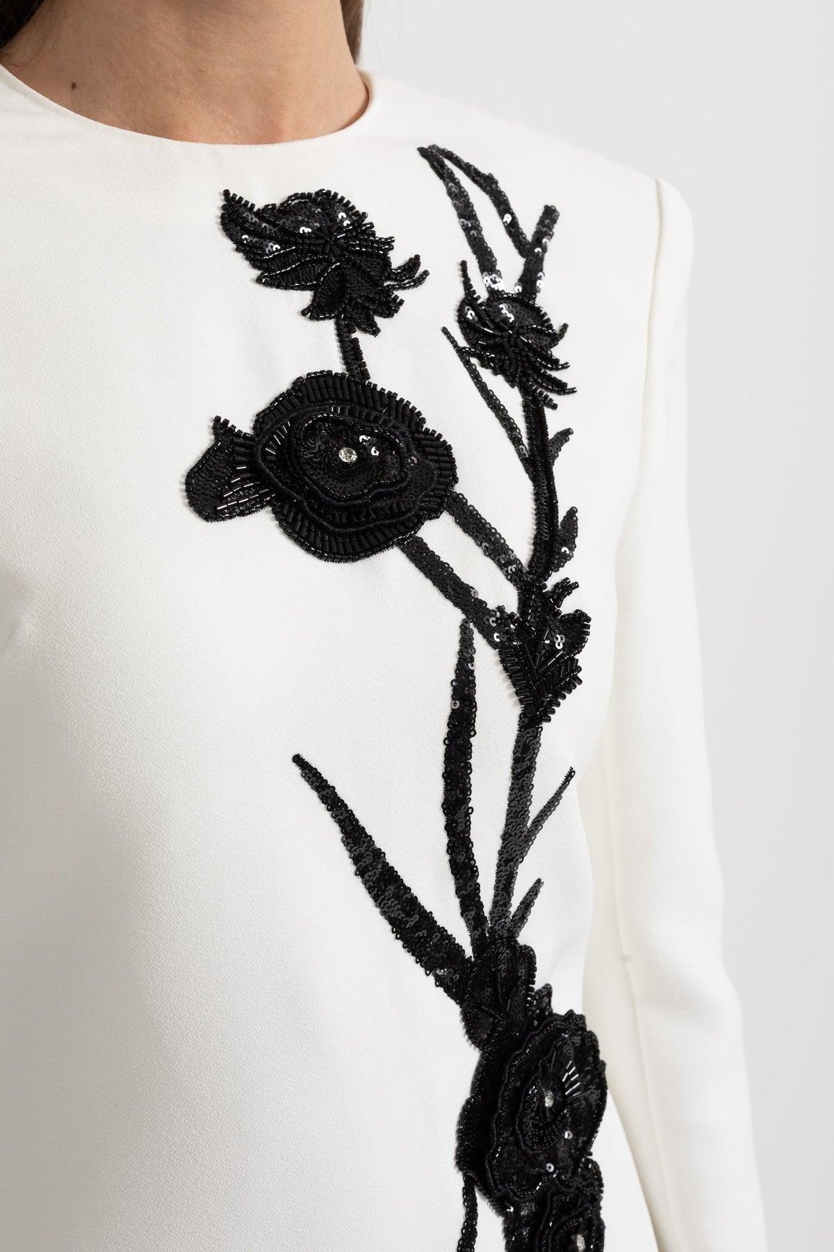 Long Sleeved Mini Dress With Contrasting Floral Embroidery - White - View 6